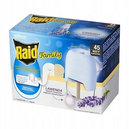 Elektrofumigator Raid Family z płynem owadobójczym przeciw komarom lawenda (27 ml)
