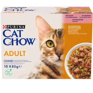 Karma dla kota Cat Chow Adult z łososiem i zieloną fasolką w galaretce 850 g (10 x 85 g)