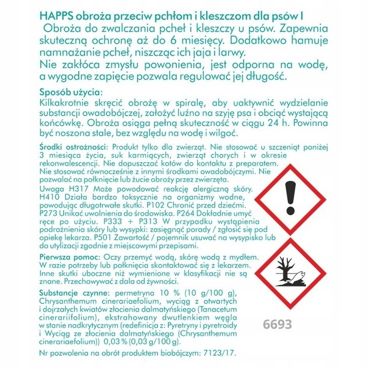 Obroża przeciw pchłom i kleszczom dla dużych psów Happs 60 cm