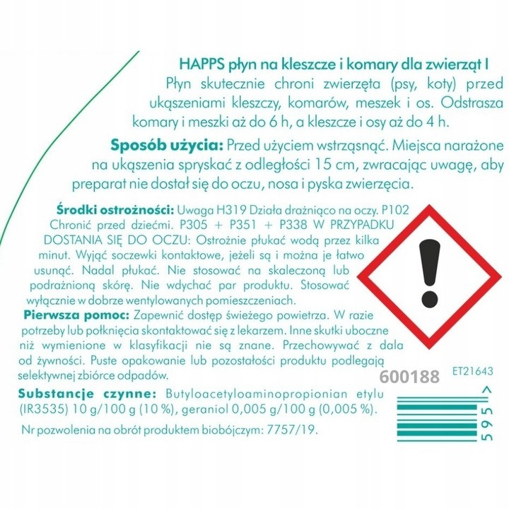 Płyn na kleszcze i komary dla zwierząt Happs w sprayu 200 ml