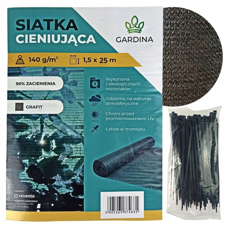 Siatka cieniująca grafit Gardina 1,5 x 25 m + opaski 100  szt.