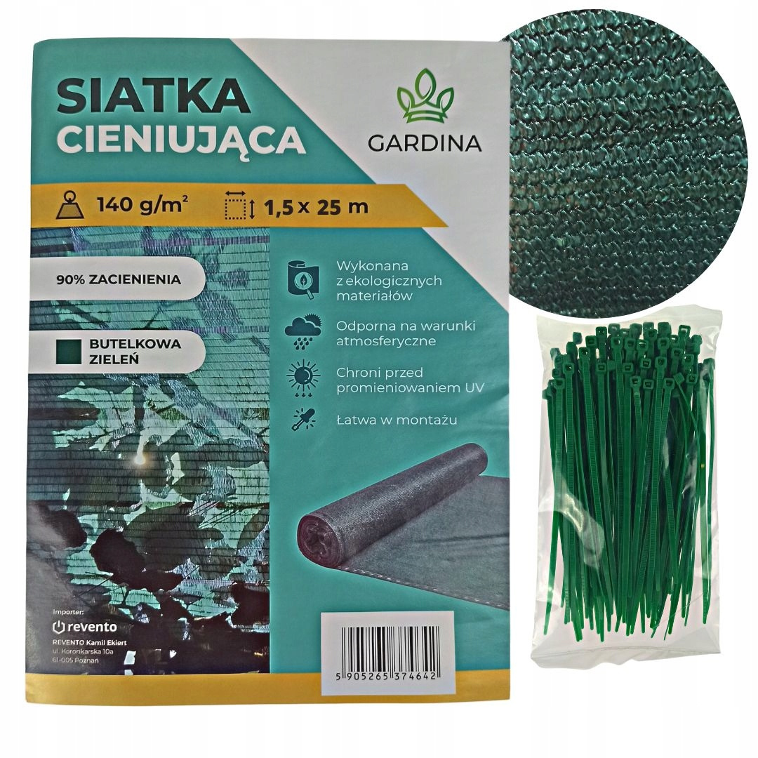 Siatka cieniująca zielona Gardina 1,5x25 m + opaski