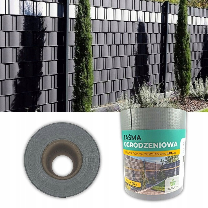 Taśma ogrodzeniowa szara 35 m x 19 cm + 20 klipsów montażowych