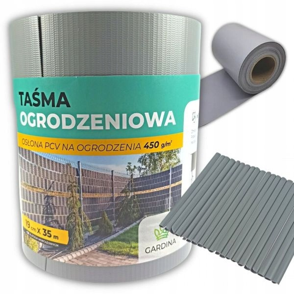 Taśma ogrodzeniowa szara 35 m x 19 cm + 20 klipsów montażowych